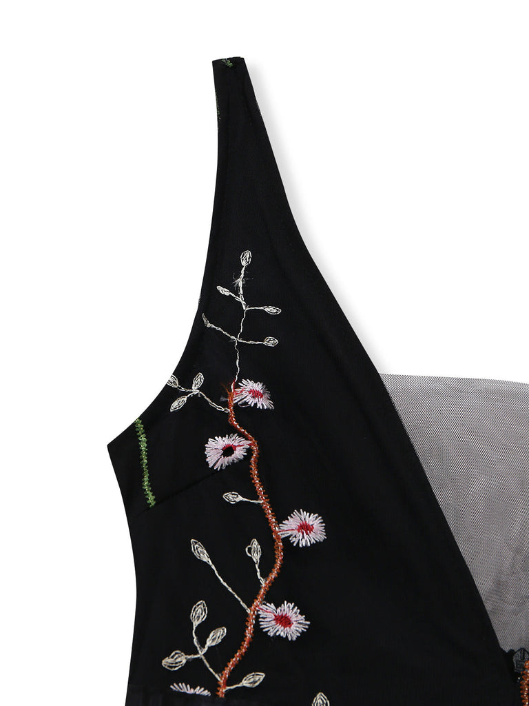 Robe Noir Col V Floral Brodé Tulle Long Années 1930 7