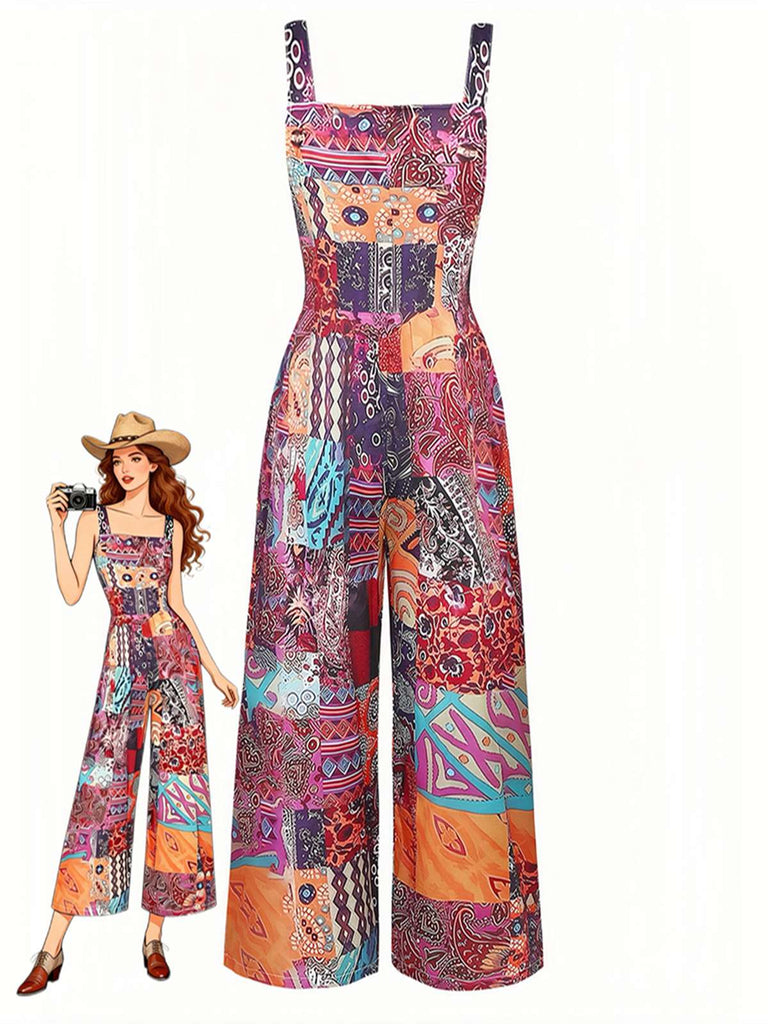 Combinaison Large Col Carré Floral Ethnique Boho Années 1970