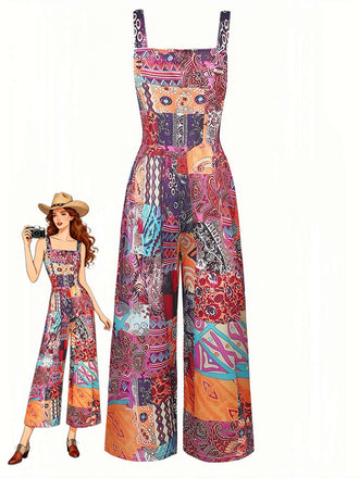 Combinaison Large Col Carré Floral Ethnique Boho Années 1970