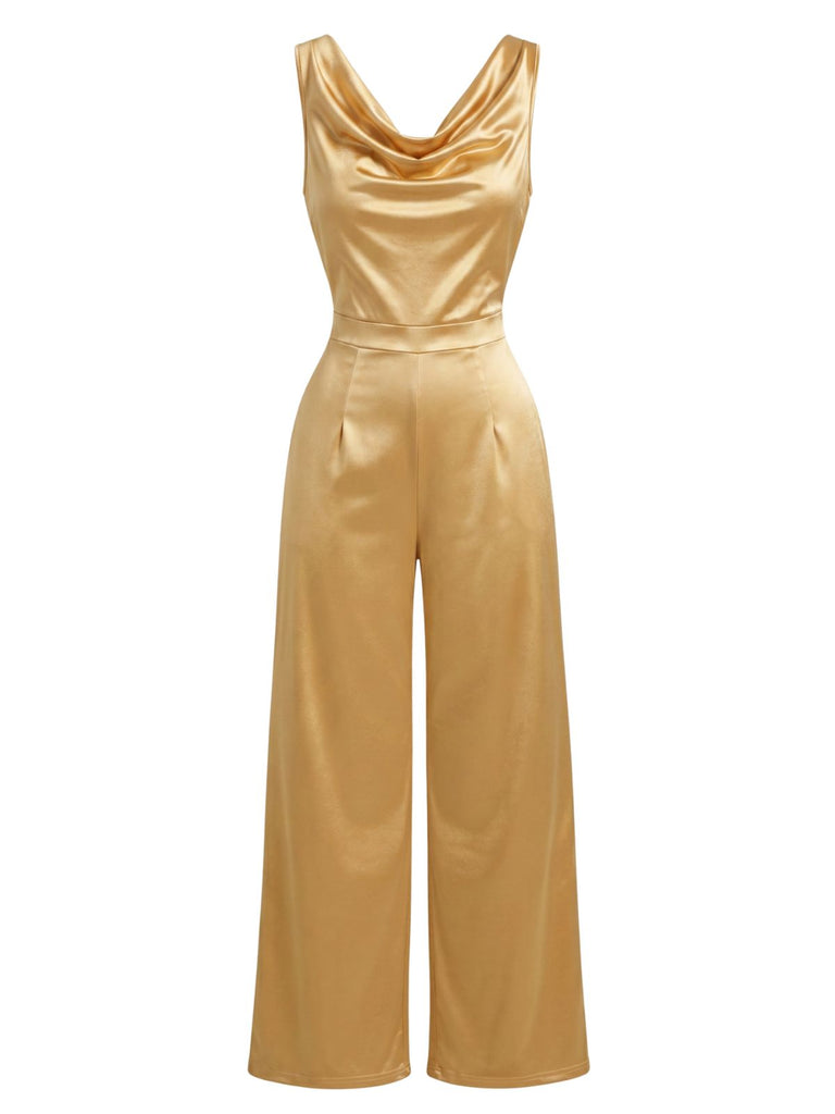 Combinaison Satin Col Drapé Sans Manches Ceinturé Jambes Larges Années 1960 2