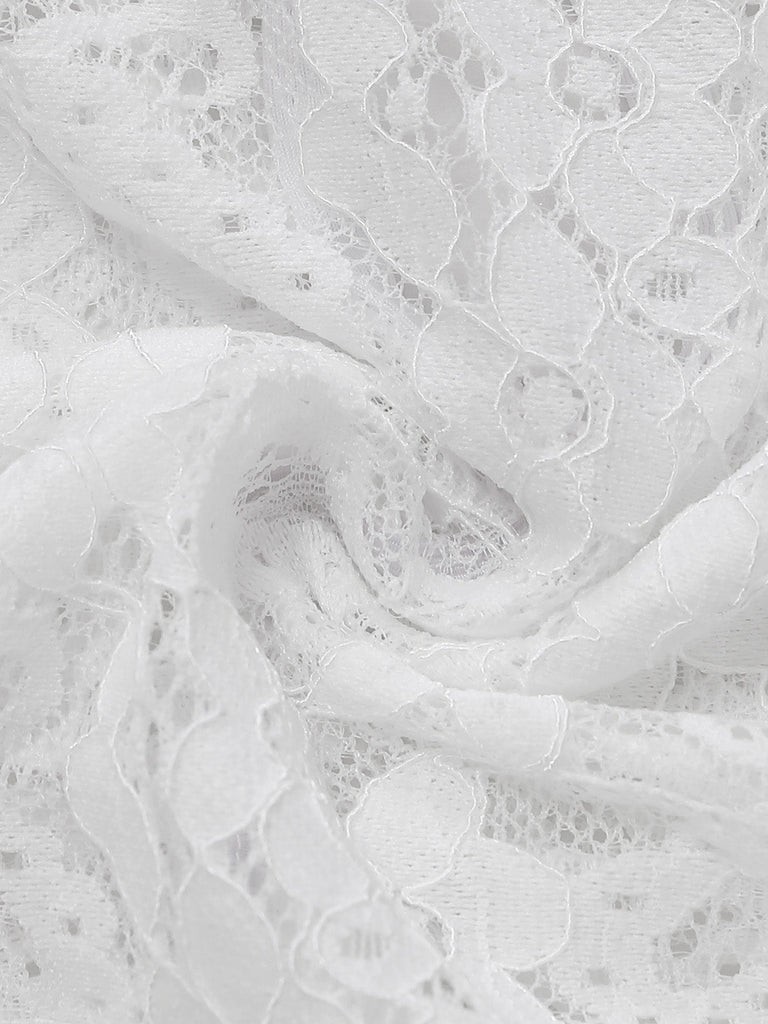 Top à Col Montant avec Trou de Serrure en Dentelle Florale Blanc Années 1950