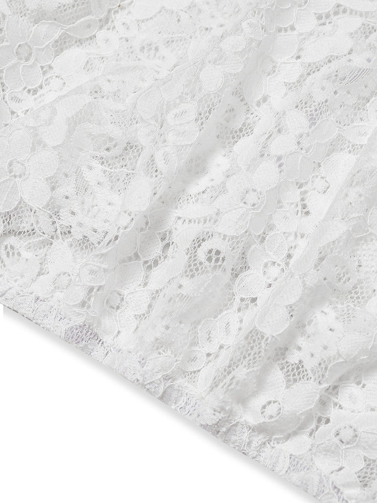 Top à Col Montant avec Trou de Serrure en Dentelle Florale Blanc Années 1950