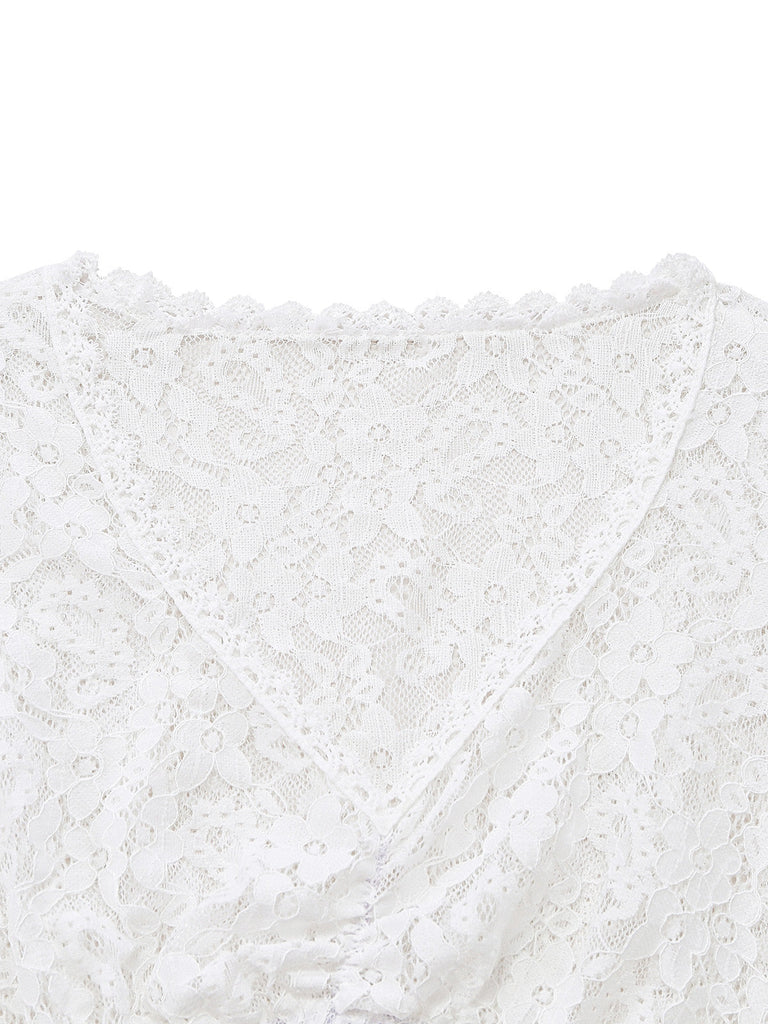 Haut Court Blanc Floral Dentelle Manches Longues Années 1950 3