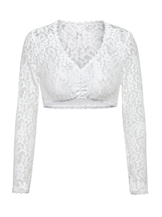 Haut Court Blanc Floral Dentelle Manches Longues Années 1950