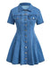 Robe Manches Courtes Boutonné Revers Denim & Bleu Années 1950 6