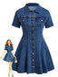 Robe Manches Courtes Boutonné Denim Bleu Années 1950