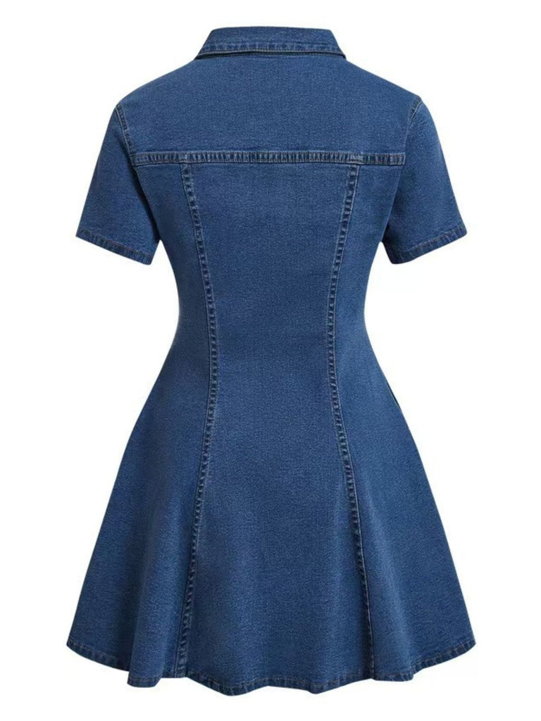Robe Manches Courtes Boutonné Revers Denim & Bleu Années 1950 3