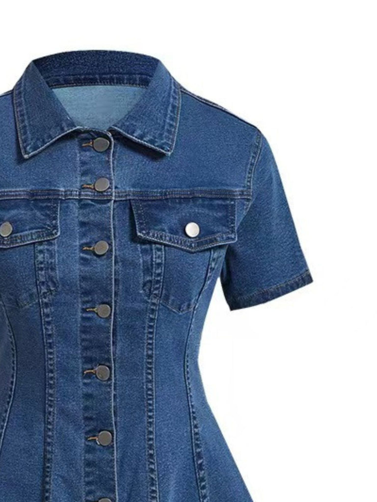 Robe Manches Courtes Boutonné Revers Denim & Bleu Années 1950 4