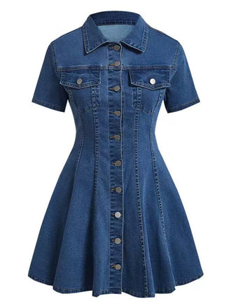 Robe Manches Courtes Boutonné Revers Denim & Bleu Années 1950 2