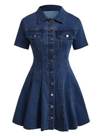 Robe Manches Courtes Boutonné Denim Bleu Années 1950