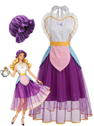 Robe Violette Tablier Cœur Théière Cosplay Mesh Années 1950