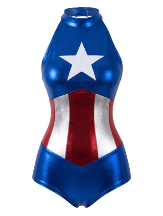 Body Costume Superhéroïne Bleu Métallique Étoile Années 1980 2