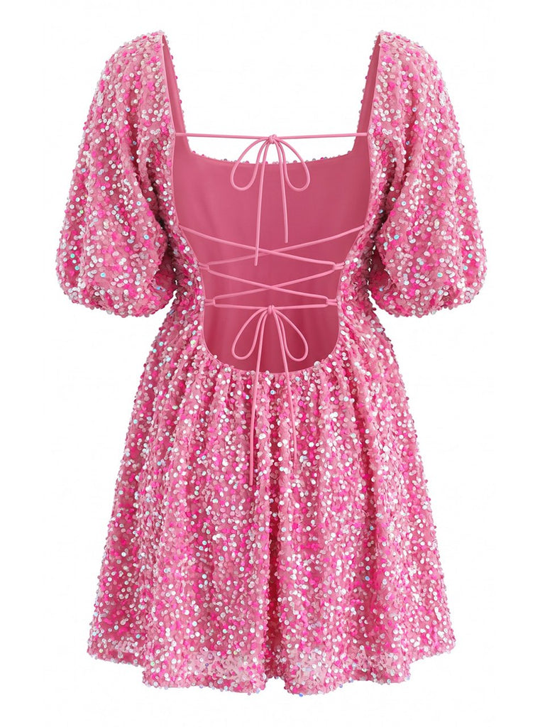 Robe Paillettes Col Carré Manches Bouffantes Noué Dos Nu Années 1960 3