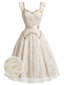 [Prévente] Robe beige décolleté cœur et volants dentelle brodée fleurs années 1950