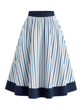 [Prévente] Jupe à Rayures Verticales avec Ourlet Contrasté Bleu Années 1950