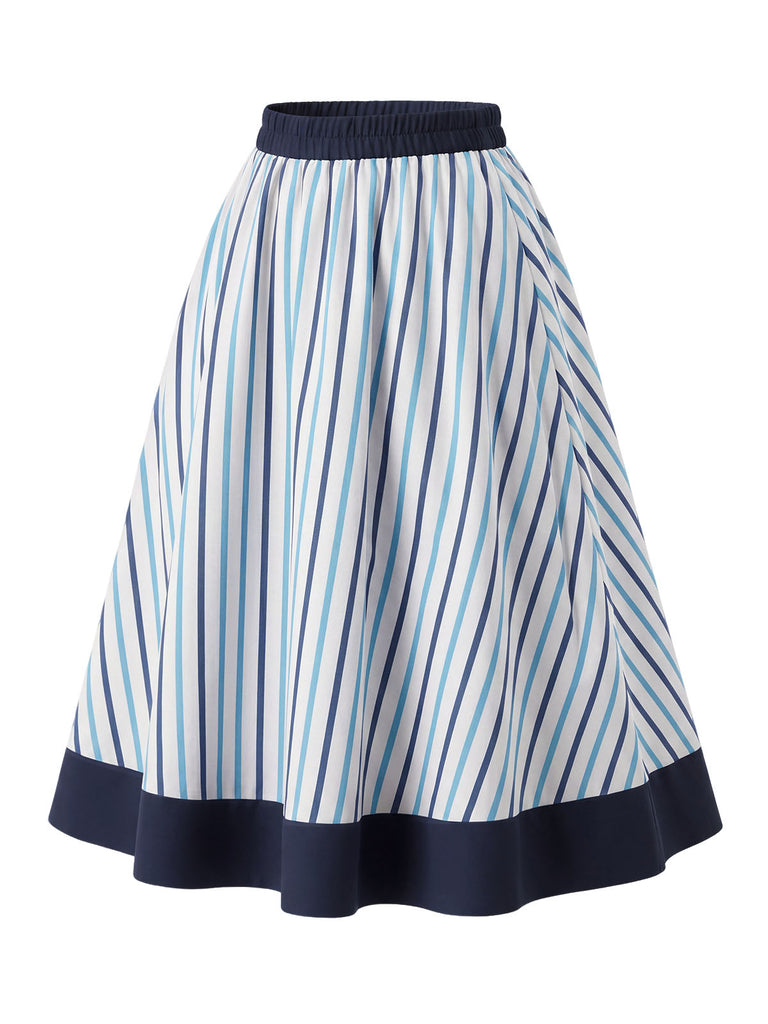 [Prévente] 2PCS Blouse Ajustée à Col Revers et Jupe à Rayures Verticales Bleu Années 1950