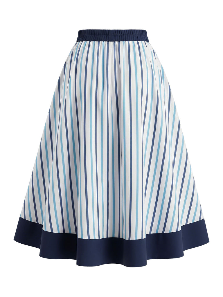 [Prévente] 2PCS Blouse Ajustée à Col Revers et Jupe à Rayures Verticales Bleu Années 1950