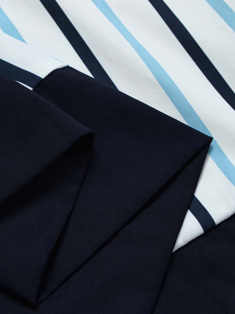 [Prévente] 2PCS Blouse Ajustée à Col Revers et Jupe à Rayures Verticales Bleu Années 1950