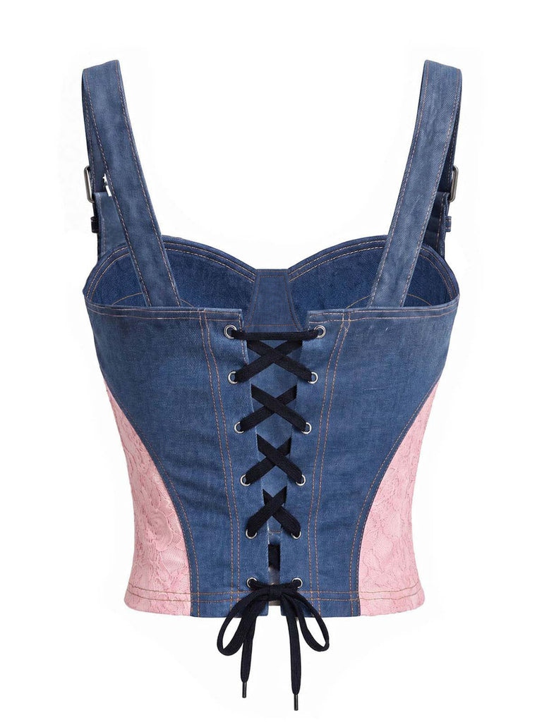 [Prévente] Corset Bleu Denim Dentelle Panneau Contrasté Années 1950 4