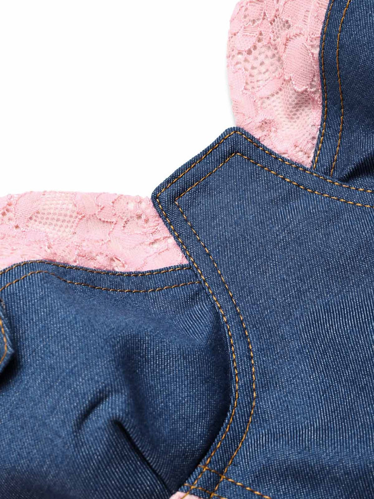 [Prévente] Corset Bleu Denim Dentelle Panneau Contrasté Années 1950 5