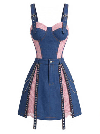 [Prévente] 2PCS Corset Denim Dentelle Bleu & Mini Jupe à Chaîne Années 1950 2