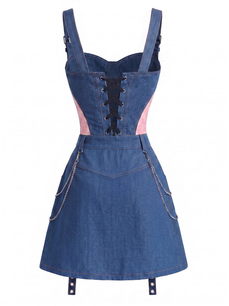 [Prévente] 2PCS Corset Denim Dentelle Bleu & Mini Jupe à Chaîne Années 1950 4