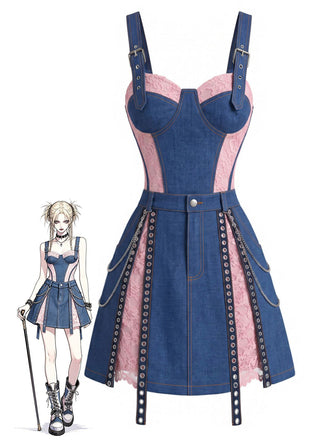 [Prévente] 2PCS Corset Denim Dentelle Bleu & Mini Jupe à Chaîne Années 1950