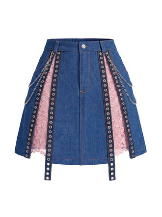 [Prévente] Mini Jupe Bleue Denim Dentelle Détail Chaîne Années 1950 2