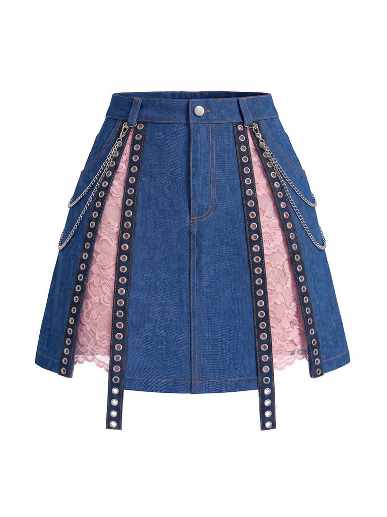 [Prévente] 2PCS Corset Denim Dentelle Bleu & Mini Jupe à Chaîne Années 1950 11