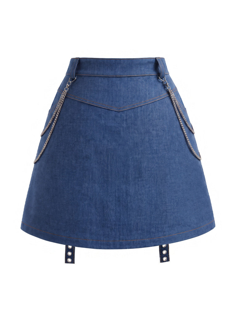 [Prévente] Mini Jupe Bleue Denim Dentelle Détail Chaîne Années 1950 4