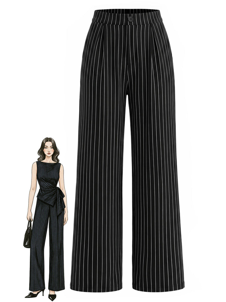 [Prévente] Pantalon à Taille Haute Tricoté à Fines Rayures Jambes Larges Noir Années 1930