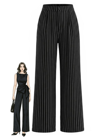 [Prévente] Pantalon à Taille Haute Tricoté à Fines Rayures Jambes Larges Noir Années 1930