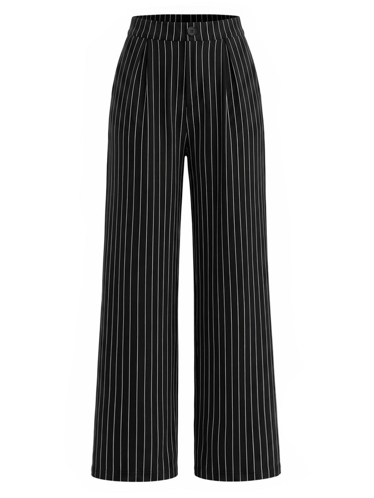 [Prévente] Top Asymétrique Tricoté à Fines Rayures et Pantalon à Jambes Larges Noir Années 1930