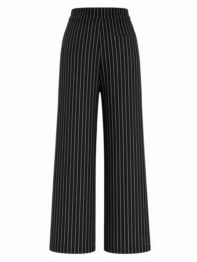 [Prévente] Pantalon à Taille Haute Tricoté à Fines Rayures Jambes Larges Noir Années 1930