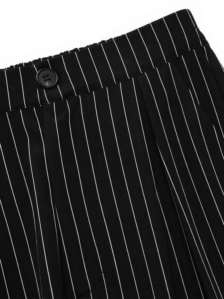 [Prévente] Pantalon à Taille Haute Tricoté à Fines Rayures Jambes Larges Noir Années 1930