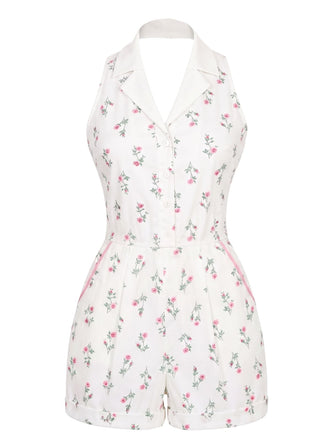 [Prévente] Combishort Floral Halter Poche Blanc Années 1960