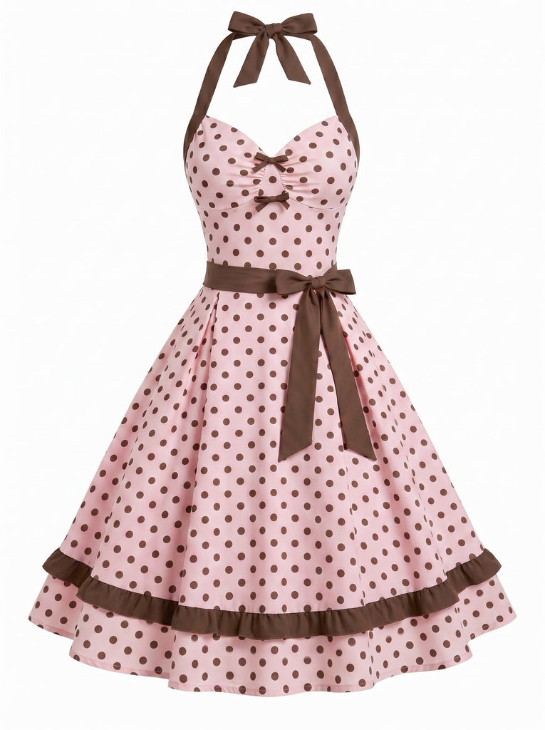 [Prévente] Robe à Pois Ceinturé Halter Nœud Rose Années 1950