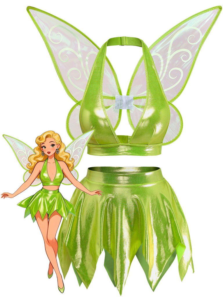 3PCS Costume Fée Princesse Vert avec Ailes Années 1950