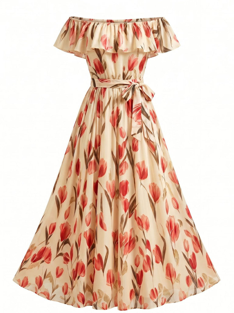 Robe Tulipe Floral Épaules Dénudées Volant Ceinturé Évasé Années 1930 5