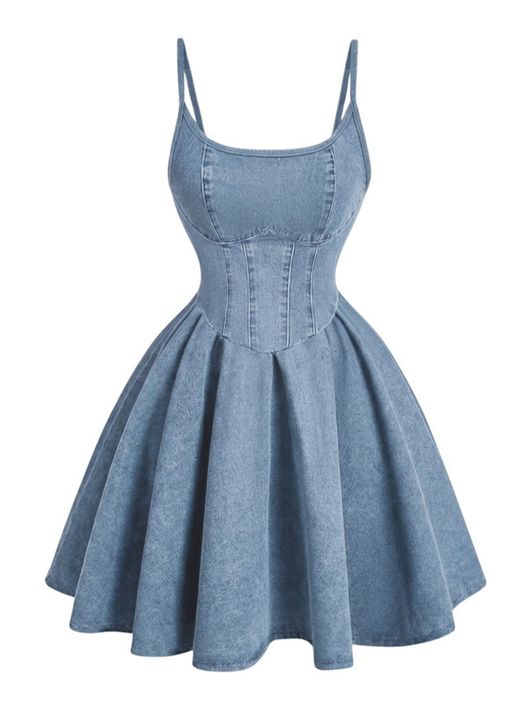 Robe Bleu Bretelles Fines Corset Denim Années 1950