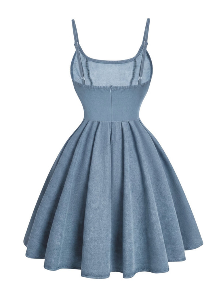 Robe Bleu Bretelles Fines Corset Denim Années 1950