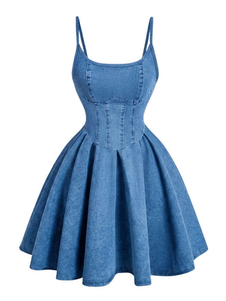 Robe Bleu Bretelles Fines Corset Denim Années 1950 6