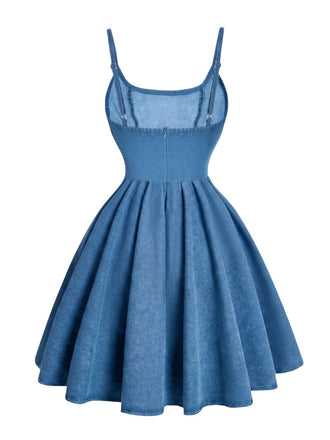 Robe Bleu Bretelles Fines Corset Denim Années 1950 7