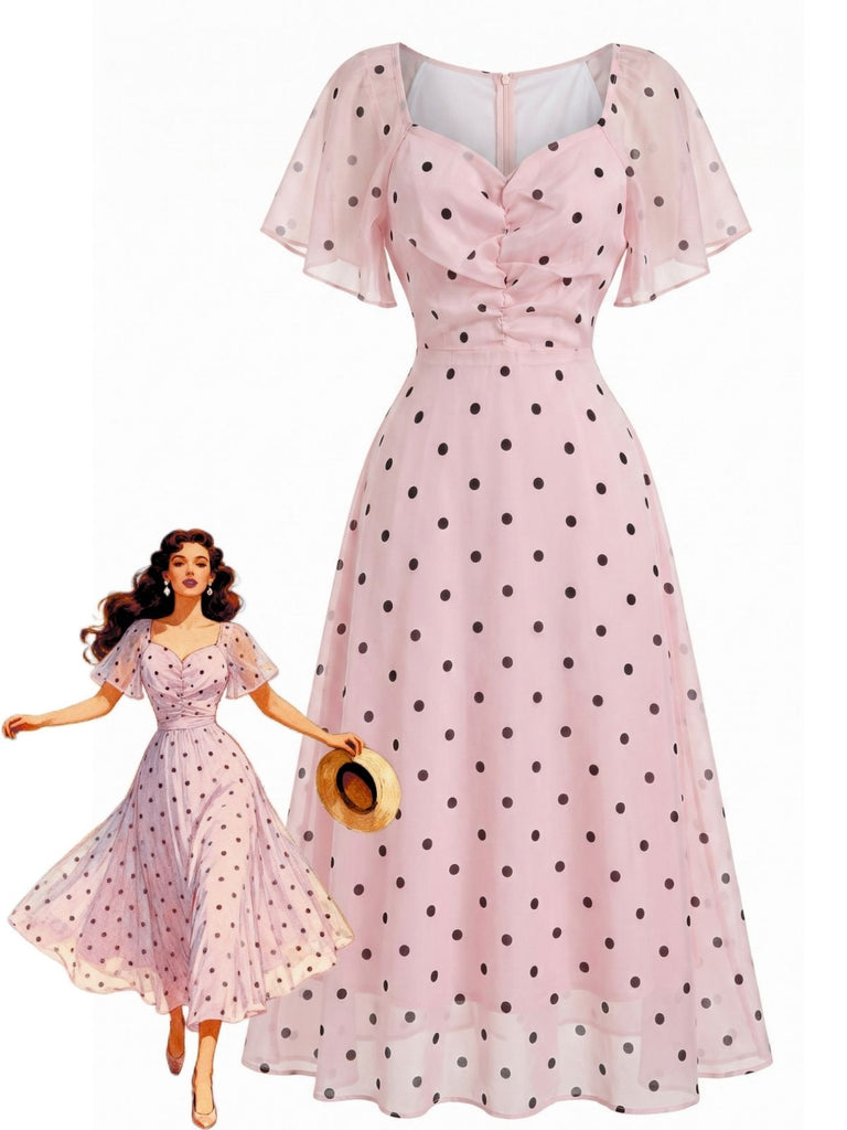 Robe Rose à Pois Manches Bouffantes Cœur Midi Années 1940