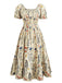 [Grande Taille] Grande Taille [] Floral Imprimé Manches Bouffantes Smocké Ligne A Années 1940