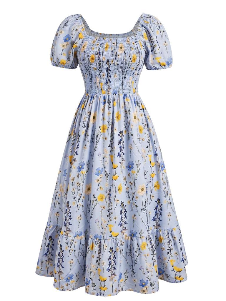 [Grande Taille] Grande Taille [] Floral Imprimé Manches Bouffantes Smocké Ligne A Années 1940 4