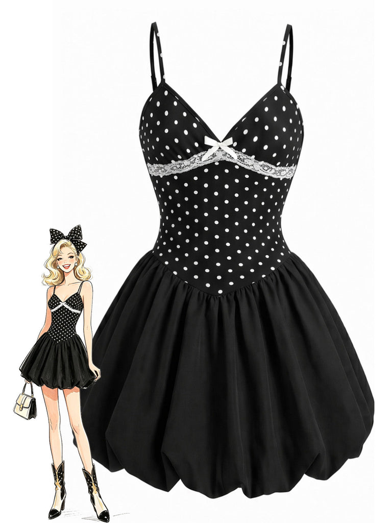 [Prévente] Robe Noir à Pois Col V Bretelles Fines Tutu Années 1960