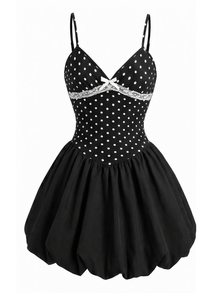[Prévente] Robe Noir à Pois Col V Bretelles Fines Tutu Années 1960 2