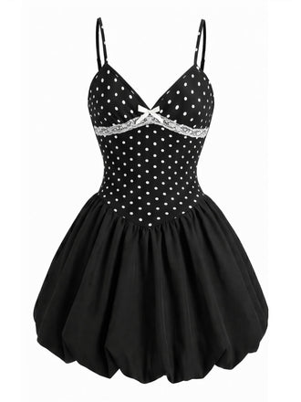 [Prévente] Robe Noir à Pois Col V Bretelles Fines Tutu Années 1960 2