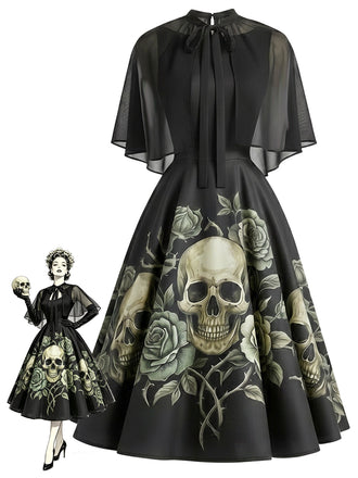 [Prévente] Robe Noir Tête de Mort Rose Gothique Cape Manche Années 1950